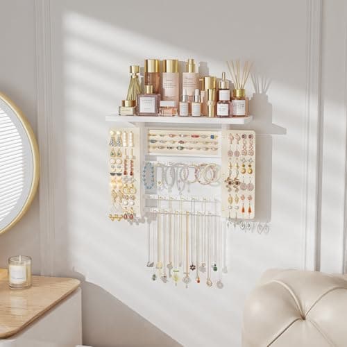 Emfogo Jewelry Organizer Hanging Wall Mounted Jewelry Holder, 5-in-1 Large Capacity Necklace Organizer Wall Hanging Jewelry Display for Ring, Necklaces, Bracelets, Earrings (White) 2