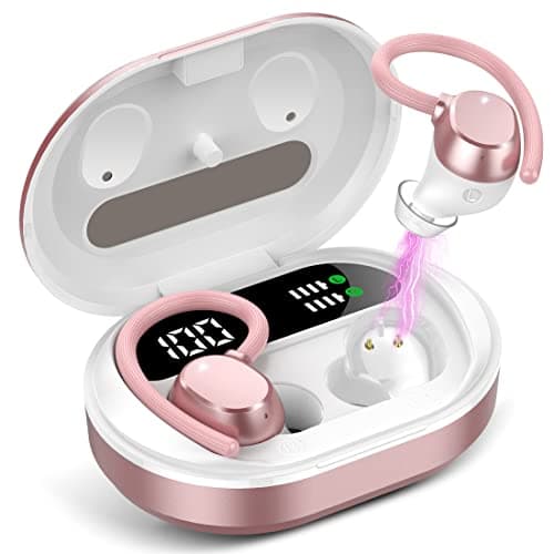 Ear Buds Wireless Earbuds, HiFi Stereo Bluetooth 5.3 Running Headphones with Dual LED Display 30Hrs Playtime, Built-in Mic, Type-C, in-Ear Bluetooth Earphones with Earhooks for Sport, Rose Gold