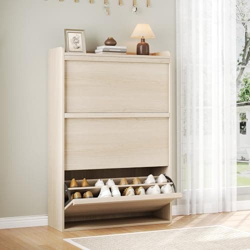 GAOMON Shoe Cabinet with 3 Flip Drawers, Modern Shoe Storage for Entryway, Wooden Shoe Organizer Cabinet with Adjustable Shelf, Hidden Shoe Rack for Hallway, Living Room, Natural