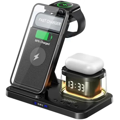 SOSHOT 5 in 1 Wireless Charger with Clock Night Light Alarm Clock for Apple Devices for iPhone 15 14 13 12 11 Pro Max Apple Watch for Apple Watch - Black