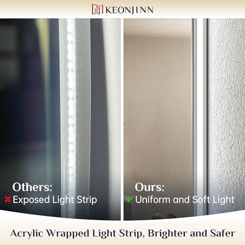 Keonjinn 24 x 36 Inch Backlit Mirror for Bathroom, Anti-Fog Led Mirror, CRI90+ HD Tempered Glass, Stepless Dimmable Lighted Mirror, High Lumen, UL Listed, Waterproof, Horizontal/Vertical 5