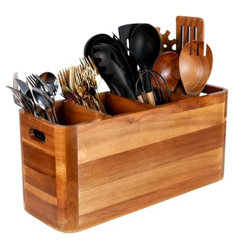 Wooden Kitchen Utensil Holder Organizer for Counter or Countertop, Large Wooden Utensil Holder for Storage Cooking and Silverware with 4 Compartment, Acacia Rustic Wood Container Extra Large