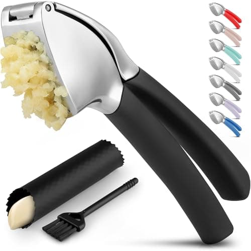 Zulay Kitchen Comfort Grip Garlic Press - Garlic Mincer Tool - Garlic Crusher - Garlic Press Mincer Rust Proof, with Soft Ergonomic Handle, Easy Clean Set with Peeler and Brush