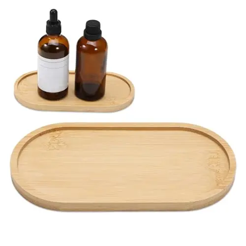 Wooden Bathroom Tray, Bamboo Vanity Tray 6.8 × 3.5 × 0.4 Inch Small Bathroom Counter Tray Soap Dispenser Trays for Bath Kitchen Organizing Candle Perfume Cosmetics Small Items