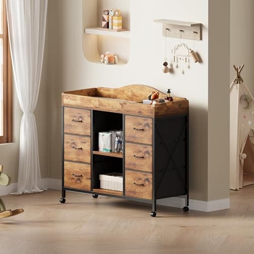 Yetom Changing Table, 6-Drawer Baby Dresser with Changing Table top,Waterproof Diaper Changing Station & Pad, 2 Height-Adjustable Open Storage Shelves, Mobile Nursery Organizer, Rustic Brown 9