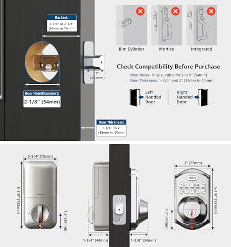 TEEHO TE002 Fingerprint Door Lock - Keyless Entry Electronic Keypad Deadbolt with 2 Backup Keys - Auto Lock - Easy Installation - Smart Locks for Front Door - Satin Nickel 6
