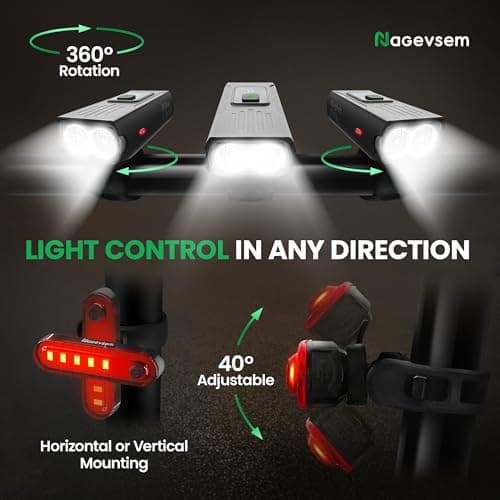 Nagevsem Bike Lights Set of 3 pcs w/Bicycle Bell - LED Super Bright - Rechargeable USB-C Headlight Front & Back Light for Night Riding in Mountain - Gift for Men Women Boys Kids Black 8