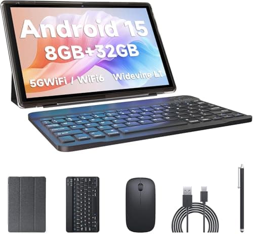 2 in 1 Tablet with Keyboard Case Mouse Stylus, 10 inch Tablet Android 15 Tablets PC, 8GB RAM+32GB ROM Support 1TB Expandable, 6000mAh Battery IPS 10.1" Tab 2MP+8MP Dual Camera WiFi-6 Bluetooth Tableta