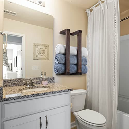 HULISEN Wooden Towel Rack for Bathroom, 18.8 Inch Wall Mounted Towel Holder with Installation Tool, Decorative Pine Towel Shelf for Rolled Towels Organizer & Blanket Storage (Brown) 7