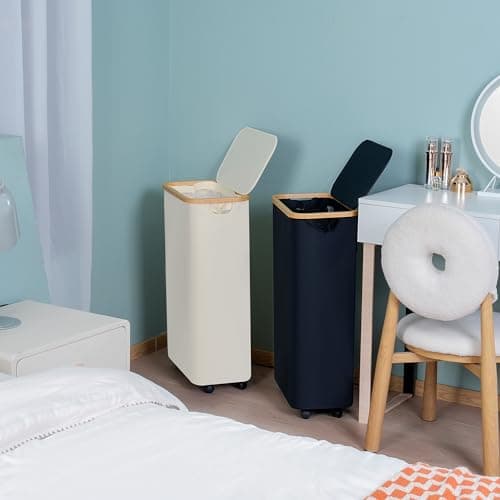efluky Slim Laundry Basket with Wheels, Narrow Rolling Laundry Hamper with Lid and Removable Bag, Aesthetic Dirty Clothes Hamper on Wheels for Laundry Room, Bedroom, Dorm and Bathroom, 75L Beige 7