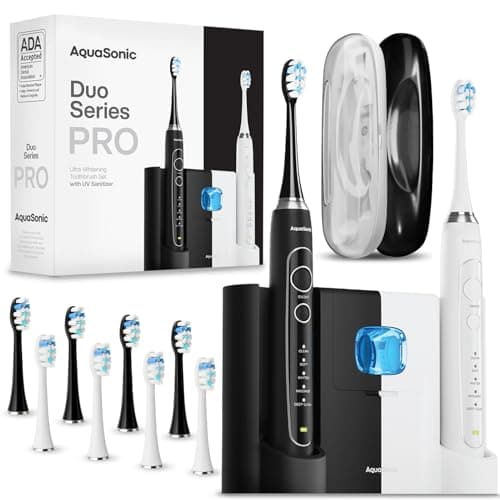 Aquasonic Duo Series PRO UV - ADA Accepted Electric Toothbrushes with UV Sanitizer - Inductive Charging Base - 5 Modes with Smart Timers - 10 Proflex Brush Heads & 2 Travel Cases