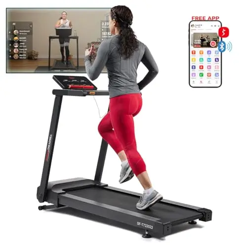 Sunny Health & Fitness Interactive Slim Folding Treadmill with Quiet Brushless, Shock Absorption, Digital Monitor, Free SunnyFit App Bluetooth Connectivity, Optional 12-Level Auto Incline