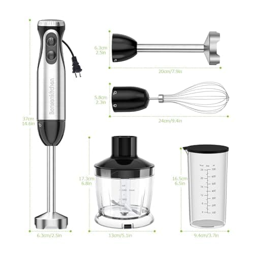 Bonsenkitchen Immersion Blender Handheld with Food Processor, 20 Speeds Hand Blender with Turbo Mode, Stainless Steel Blade, Egg Whisk, Beaker & Chopper Bowl, Hand Mixer for Smoothie, Soup, Baby Food 7