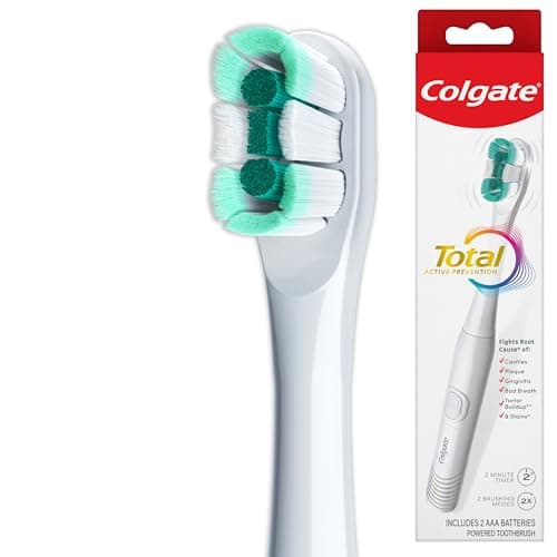 Colgate Total Battery Powered Electric Toothbrush, 1 Pack, Soft Bristle Battery Toothbrush for Adults, Includes 2 AAA Batteries and Built In 2 Minute Timer, Sensitive and Regular Brushing Modes, White