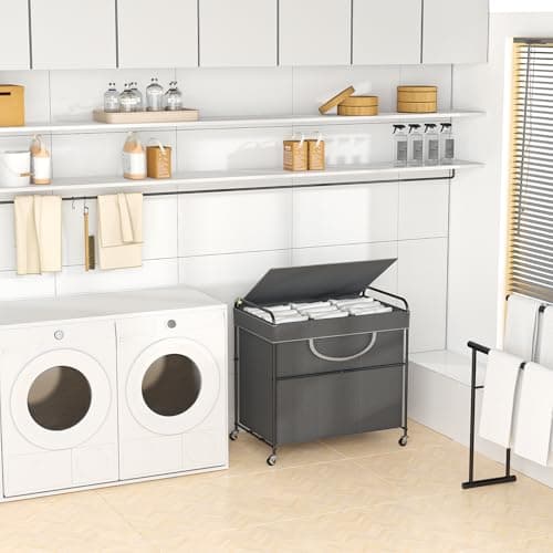 YKDIRECT 180L Large Laundry Hamper, 3 Compartment Laundry Basket with Lid, Removable Bag & Metal Structure with Industrial Wheels, Suitable for Bathroom, Dorm Room, Laundry Room (Grey, 180L) 6