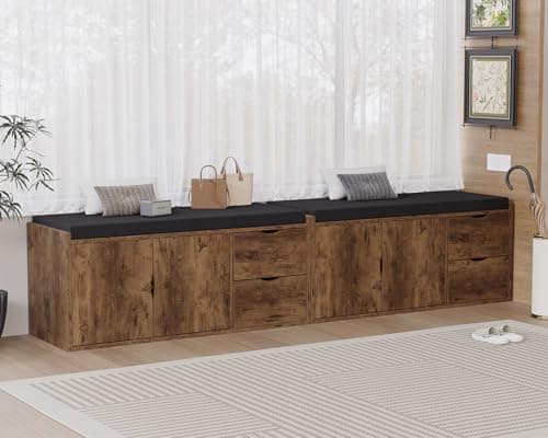 LVB Entryway Shoe Bench, Rustic Storage Bench with Cushioned Seating, Long Hidden Shoe Organizer Bench with 2 Drawers, Industrial Wooden Shoe Benchs in Hallway Living Room Bedroom, Rustic Brown, 40in 9