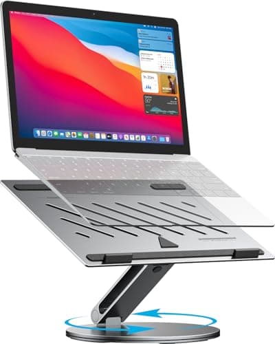 YICOSUN Adjustable Laptop Stand for Desk - 360° Rotating Ergonomic Riser with Aluminum Cooling Vents & Sturdy Construction for 10-16 Inch MacBook Pro/Air, Foldable Portable for Office & Home - Gray