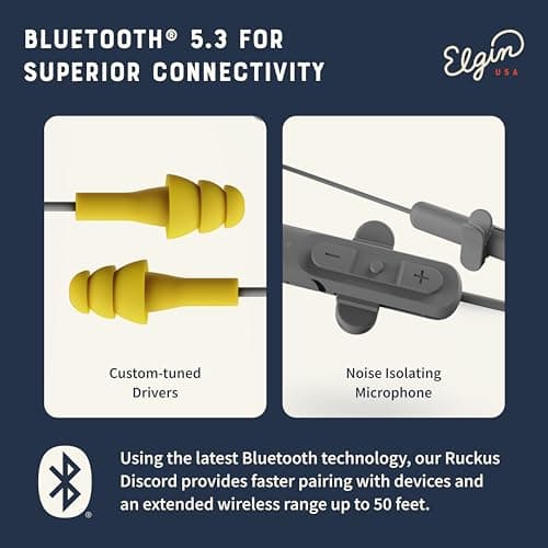 Elgin Ruckus Wireless Bluetooth Earplug Headphones, 25 dB NRR, Noise Canceling Mic, 12-Hour Battery, IP65 Sweatproof, Compliant with OSHA Hearing Safety Standards 6