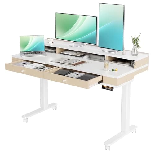 Claiks Electric Adjustable Standing Desk with Drawers, Sit Stand Up Desk with Storage Shelves & Wheels, 55 Inch White