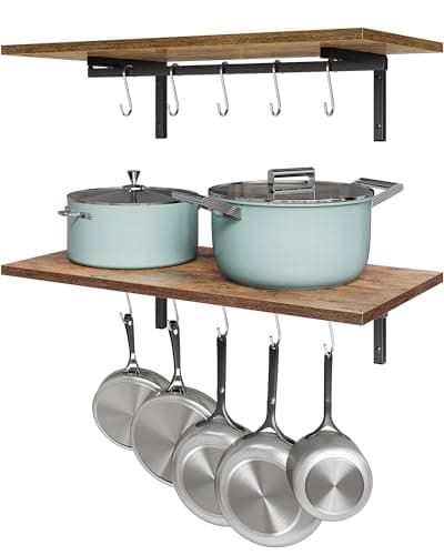 OROPY 2 Pack Wooden 23.6'' Pot Pan Hanging Rack Wall Mounted with 10 S Hooks, Set of 2 Large Pot Wall Holder Kitchen Shelves for Utensils, Cookware 8