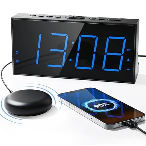 Roxicosly Loud Alarm Clock with Bed Shaker, Vibrating Alarm Clock for Heavy Sleepers/Hard of Hearing/Deaf,Dual Alarms, 7.5’’ Large LED Display, Dimmer, USB Charging Port, Plug-in with Memory Function