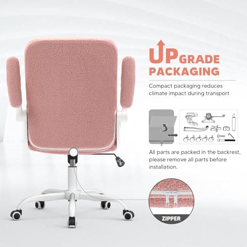 SEATZONE Pink Office Chair Ergonomic Pink Desk Chair with Flip-up Arms,Fluffy Office Chair with Lumbar Support,Faux Fur Comfy Office Chairs for Home Office and Bedroom,Teddy Fleece Fluffy 7