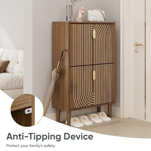 Smuxee Shoe Cabinet with 2 Flip Drawers, 23.6" Walnut Hidden Shoe Storage Cabinet with Line Groove Design, Freestanding Shoe Organizer Cabinet for Entryway, Hallway, Living Room 6