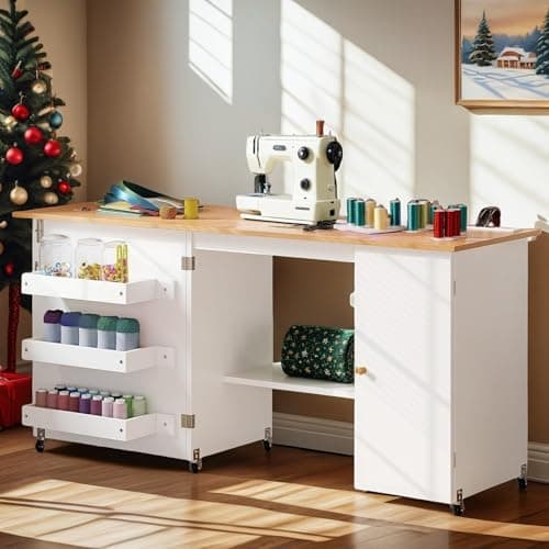 DWVO Folding Sewing Table w/Charging Station, Sewing Table with Storage, Multi-Craft Desk with Lockable Casters, Magnetic Doors, Hidden Storage