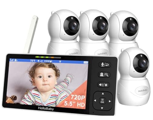 HelloBaby 5.5" 720P HD Video Baby Monitor No WiFi, 4 Cameras Baby Monitors, Split Screen Remote Pan/Tilt/Zoom Baby Monitor, Wide View Range, 1080P Camera, Night Light, 4000mAh Battery, Ideal Gift