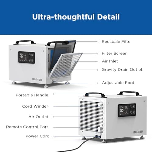 Moiswell 70 Pints Commercial Dehumidifier, Portable Crawl Space Dehumidifier for Basement Energy Star Certified Compact Dehumidifiers for Home with Drain Hose, Auto Defrost, Timer 6