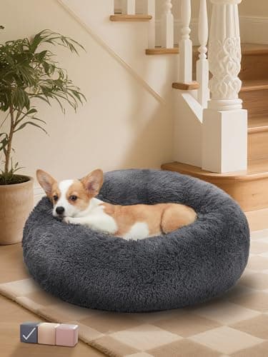 OhGeni Calming Donut Dog Bed Pillow for Small Medium Pets, Machine Washable Removable Cover, Comfort Plush Fluffy Faux Fur with Anti-Slip Bottom, Cats-Friendly Round Cuddly Design, Gray, 23 inches