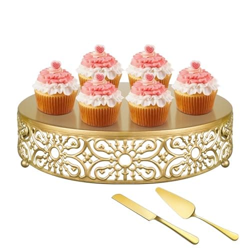 Gold Wedding Cake Stand 12 Inch, Metal Round Dessert Display Cupcake Stands for Celebration, Birthday, Party, Decor (with Cake Knife and Server Set)