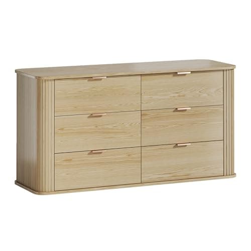HUAHUU Fluted 6 Drawers Dresser for Bedroom, Mid Century Modern Closet Dresser & Chests of Drawers, Curved Profile Design, TV Stand, Wood Storage for Bedroom, Entryway, Hallway, Oak