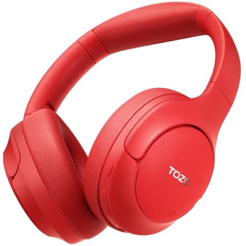 TOZO HT2 Hybrid Active Noise Cancelling Headphones, Wireless Over Ear Bluetooth Headset, 60H Playtime, Hi-Res Audio Custom EQ via App Deep Bass Comfort Fit Ear Cups, for Home Office Travel Red