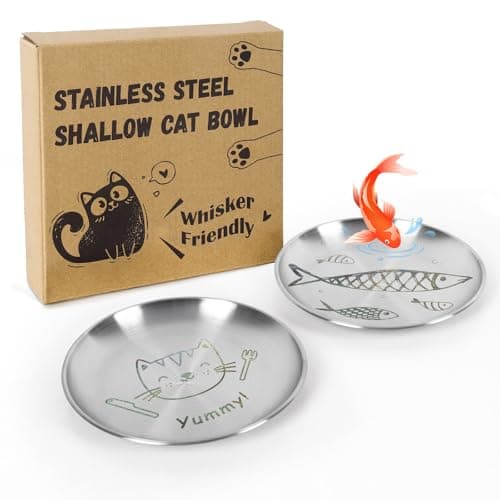 2 Pcs Stainless Steel Cat Dishes with Engraving Patterns,Whisker-Friendly Shallow Dishes for Indoor Cats 6.7"