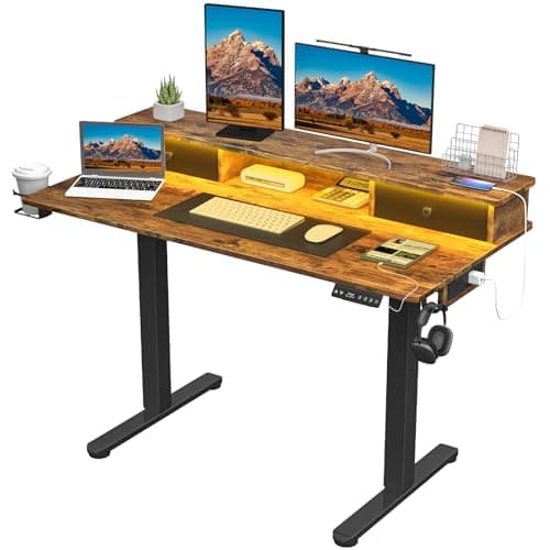 Vabches Electric Standing Desk Adjustable Height, LED Stand Up Desk with Drawers and Charging Station 48 Inch Ergonomic Sit Stand Table with Storage Uplift Workstation for Home Office (Rustic Brown)