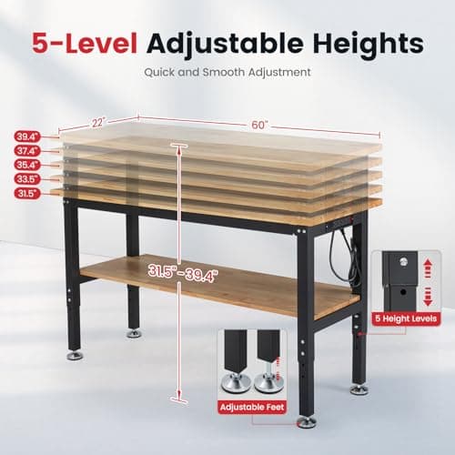 ENJOYWOOD Work Table for Garage 60 Inch Workbench with Storage Adjustable Height Rubber Wood Tabletop Work Bench with Power Outlets Pegboard Pad for Cutting Wood Shop Woodworking Home Office 7