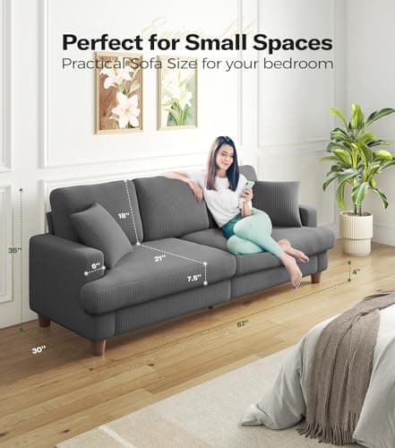 Kidirect 87in Grey Sofa, Couches for Living Room 21in Extra Deep Seats, Comfy Corduroy Sofas for Living Room No Tool Assembly, Modern Oversized Love Seat with 2 Pillows, Sofa Couch for Bedroom 5