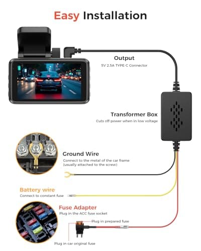 RENGAC Dash Cam Hardwire Kit,USB-C Adapter Cable for Full-Size Type C Interface Dash Camera,USB C Power Port,24H Parking Monitoring with Low Voltage Protection 5