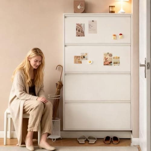 OECSO Metal Shoe Cabinet with 4 Flip Drawers, Wall Mounted Shoe Rack Cabinet for Entryway, Narrow White Shoe Storage Cabinet for Entryway Slim, Thin Hidden Shoes Organizer,Hallway,Foyer,Garage