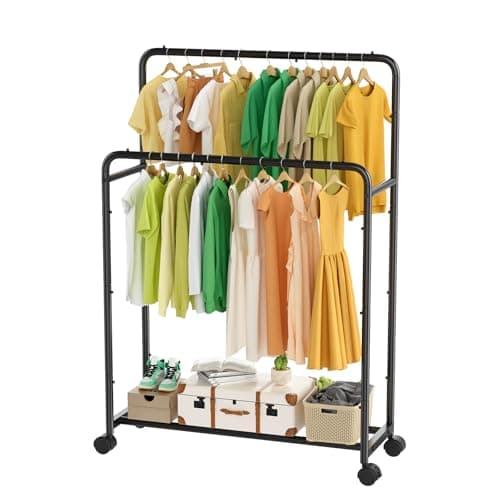 Simple Trending Clothing Clothes Rack Double Rods with Wheels, Rolling Metal Garment Rack for Hanging, Black