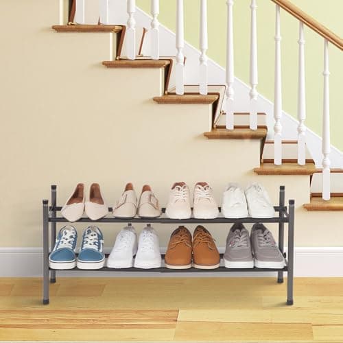 STORAGE MANIAC Expandable Shoe Rack, 8 Pairs Stackable Small Shoe Rack, Metal Adjustable Shoes Organizer for Closet, Entryway, Hallway, Garage, Front Door, Shoes Shelves, Black 2 Tier 8