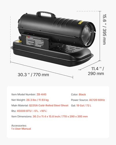 VEVOR 45000 BTU Forced Air Kerosene Diesel Heater, Portable Torpedo Space Heater W/Handle, Blower-Type for Jobsite/Garage/Warehouse/Workshop Construction/Outdoor Heating,Black 7