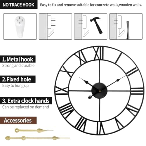 Mee 2ou Large Wall Clock - 40cm/ 16 Inches Silent Non-Ticking Metal Wall Clock, Black, Vintage Modern Style, Battery Operated, Ideal for Living Room, Bedroom, Office, Farmhouse Decor 7
