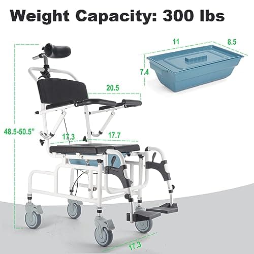 4-in-1 Bedside Commode Chair, Tilt 30°Shower Commode Wheelchair, Versatile with Headrest and Bucket, Adjustable Transport Rolling Chair for Elderly, Disabled, Adults 7