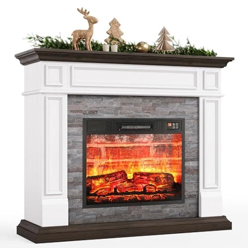 Naice 44" Electric Fireplace Mantel, Farmhouse TV Stand with Electric Fireplace Heater, Stacked Stone Surround and Remote Control 3D Realistic Flame, White Fireplace for Living Room Bedroom 8