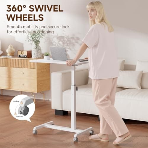GTPLAYER Small Standing Desk, 24 Inches Mobile Foldable Rolling Laptop PC Table with Lockable Casters, Adjustable Height Overbed Bedside Table Computer Workstation for Home Office, White 7