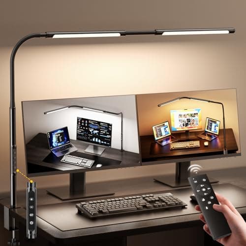 LED Desk Lamp for Home Office, Eye-Caring Desk Light with Adjustable Gooseneck, Dual Screen Computer Monitor Light with Stepless Dimming, Stepless Color Temp, Memory Function for Study, Workbench