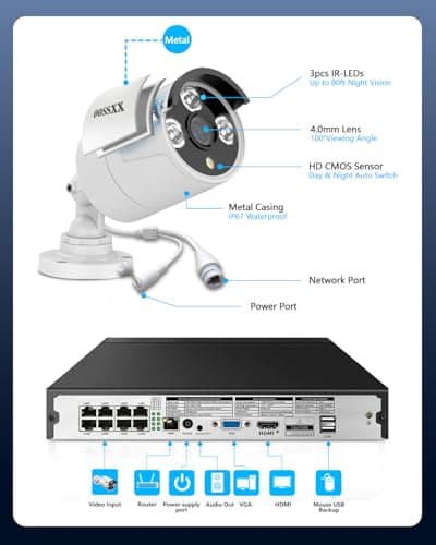 OOSSXX (5.0MP POE Extend Camera with 60 feet Cable Microphone Inside Outdoor/Indoor Video Surveillance Security Waterproof Wired POE Camera, Just Extend POE Kits, 1-Pack 9