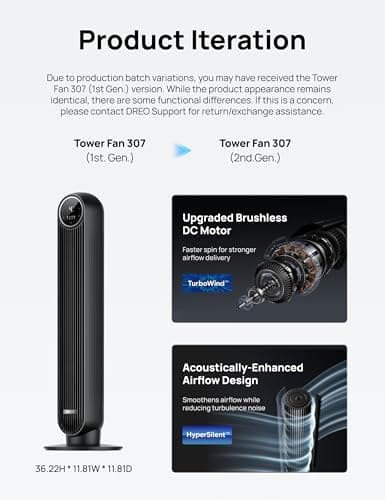 Dreo Tower Fan for Bedroom, 2026 Upgraded DC Motor, 28ft/s High Velocity, 20dB Ultra Quiet Standing Fan, 8 Speeds 4 Modes, 90° Oscillating Bladeless Fan for Indoors, Floor Fans with Remote, Black 9